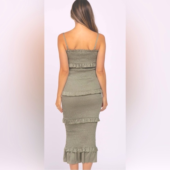 Mable Sleeveless Esme Olive Smocked Tiered Ruffled Midi Dress Bump Friendly ZP1 - Picture 12 of 12